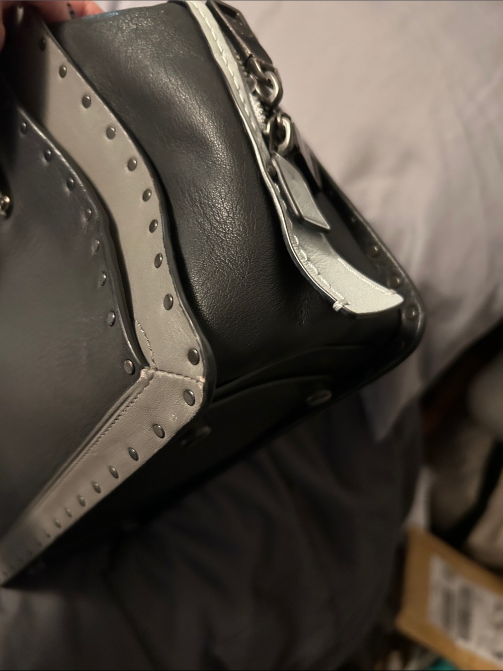 Coach Dreamer 27 Black, Light Gray, and Baby Blue Studded Leather Satchel - Picture 11 of 13